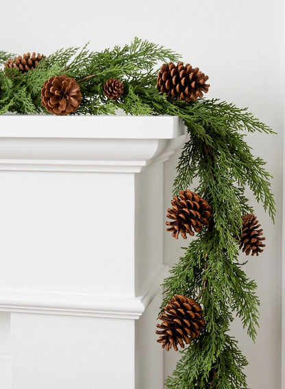 5ft Long Cypress Garland with Pine Cones Decor Jamali Garden