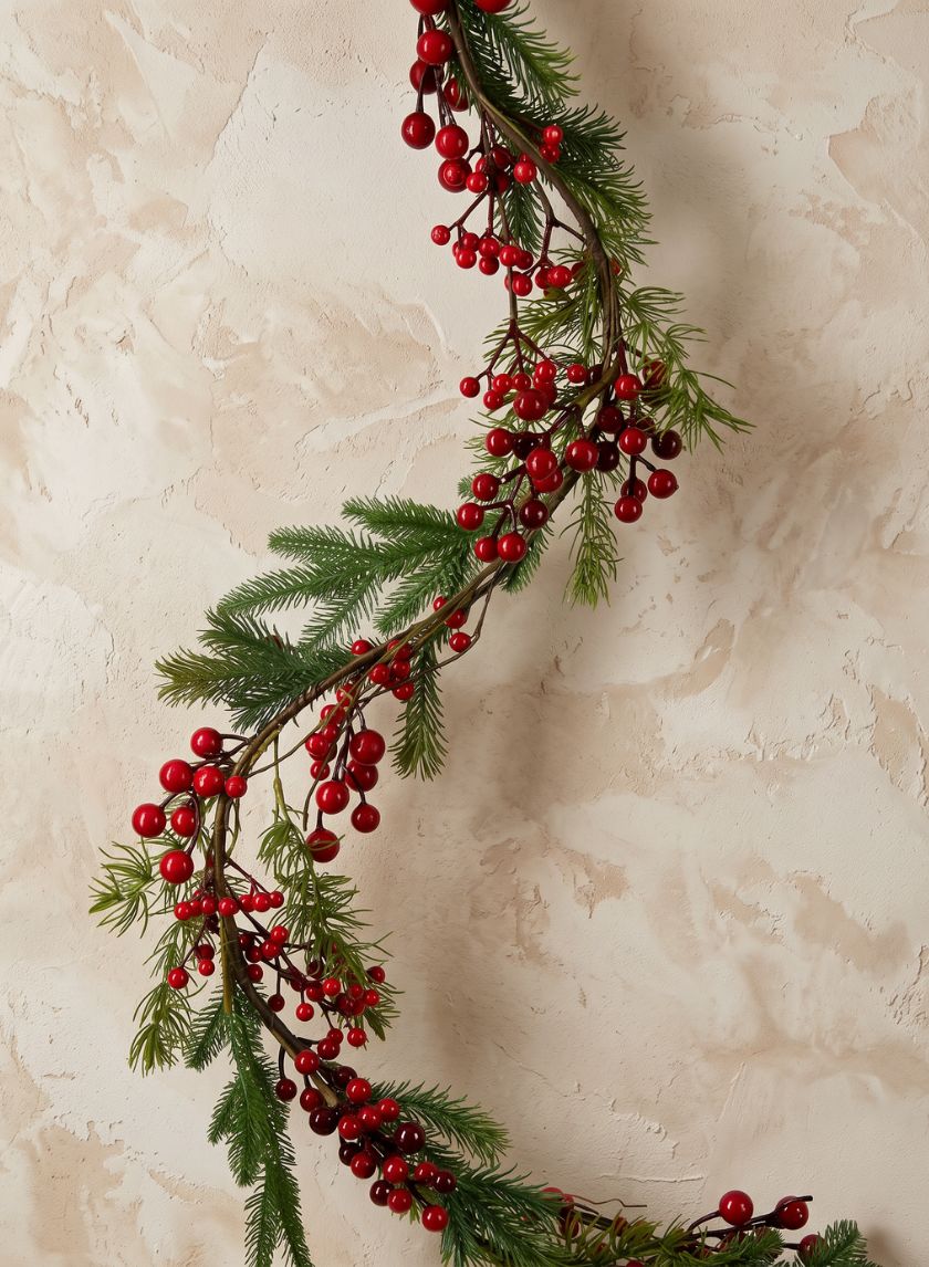 56in Long Pine Garland with Red Berries Decor Jamali Garden