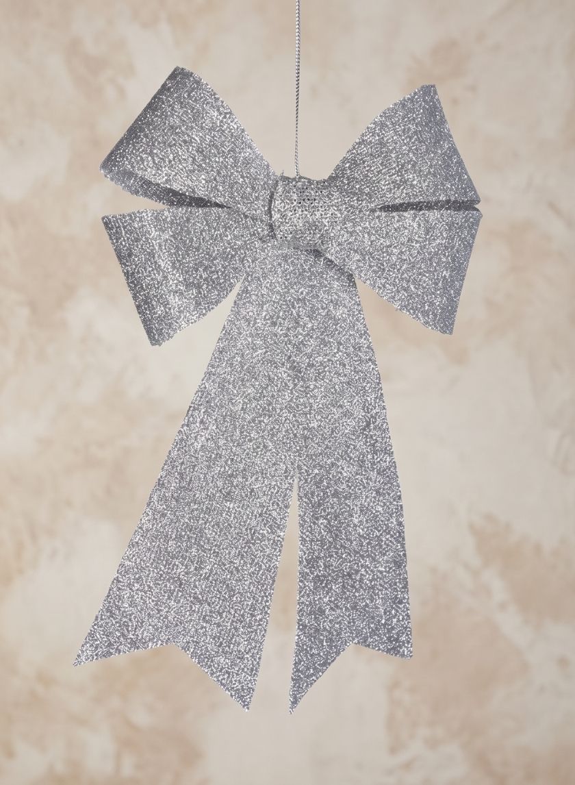 10in Long Silver Glitter Bow Decor Jamali Garden