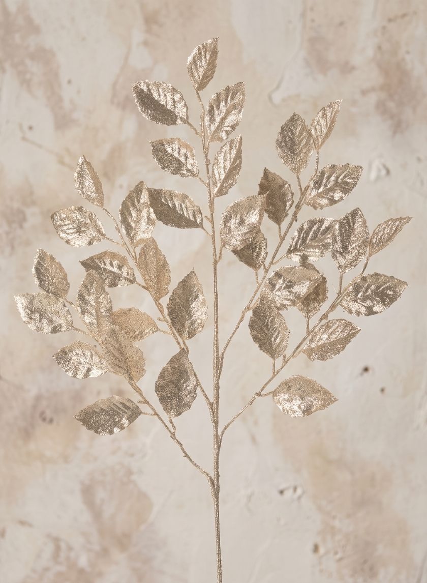 28in Long Champagne Glitter Leaf Branch, Bundle of 12 Decor Jamali Garden