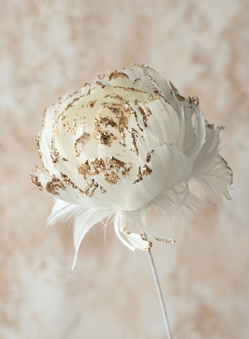 18in Long Glittered Gold Feather Opening Peony, Case of 6