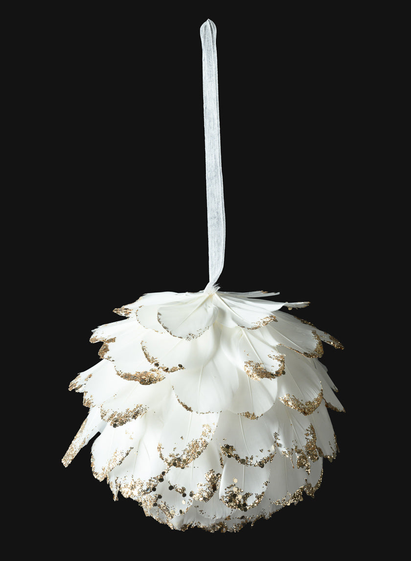 5in Round Glittered Gold Tip Feather Ornament Ball, Case of 6 Decor Jamali Garden