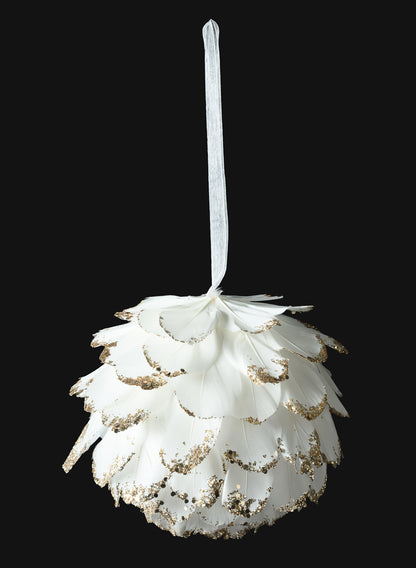 5in Round Glittered Gold Tip Feather Ornament Ball, Case of 6 Decor Jamali Garden