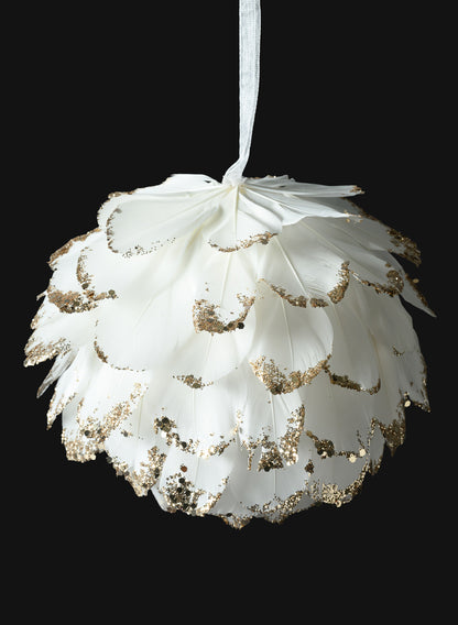 5in Round Glittered Gold Tip Feather Ornament Ball, Case of 6 Decor Jamali Garden