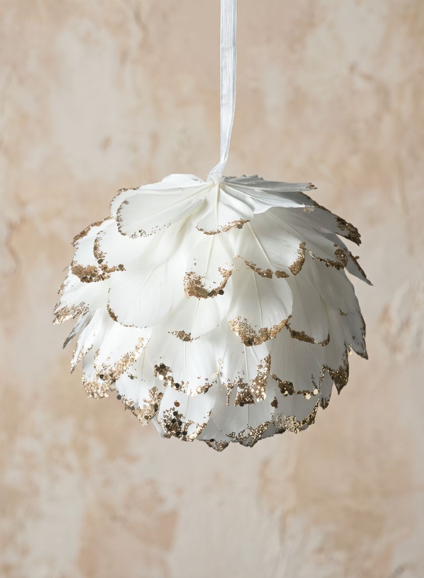 5in Round Glittered Gold Tip Feather Ornament Ball, Case of 6 Decor Jamali Garden