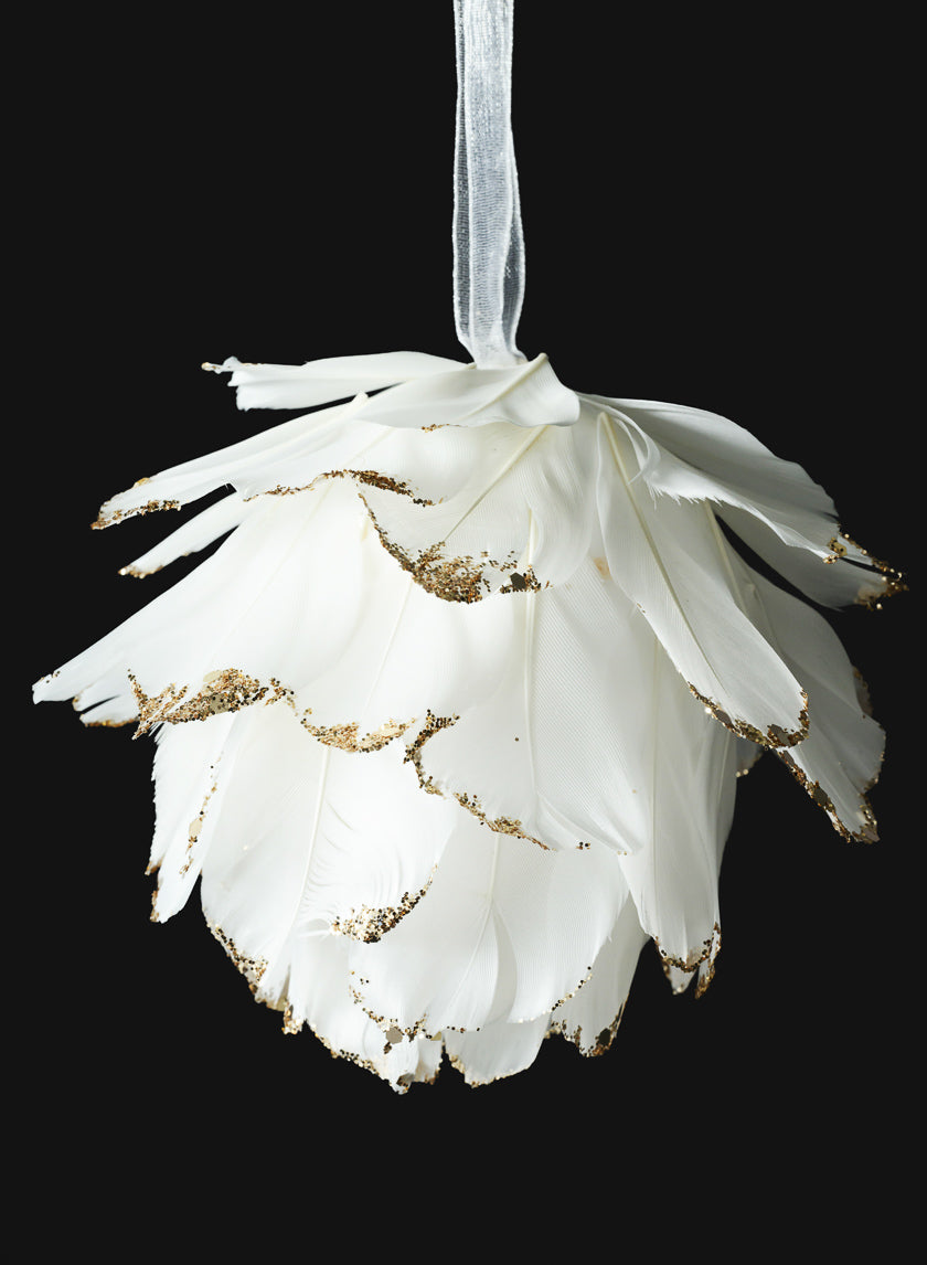 4in Round Glittered Gold Tip Feather Ornament Ball, Case of 12 Decor Jamali Garden
