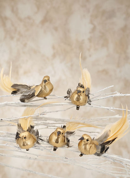 6in Long Gold Foil &amp; Feather Bird With Clip, Set of 12 Decor Jamali Garden