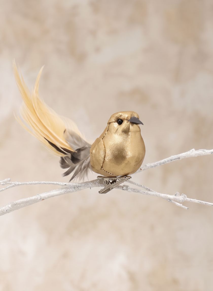 6in Long Gold Foil &amp; Feather Bird With Clip, Set of 12 Decor Jamali Garden