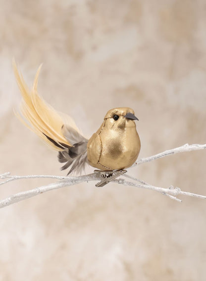 6in Long Gold Foil &amp; Feather Bird With Clip, Set of 12 Decor Jamali Garden