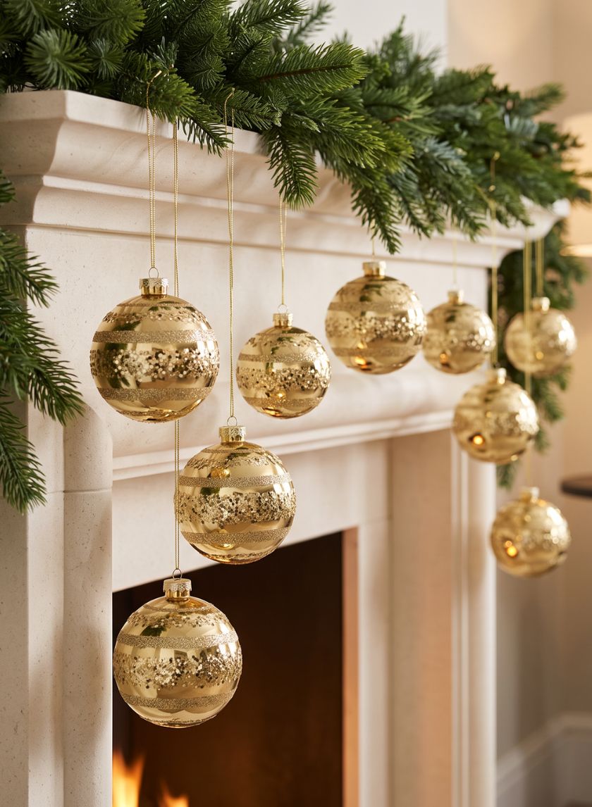 4in Round Shiny Gold With Glitter Stripes Ornament Plastic Balls, Set of 4 Decor Jamali Garden