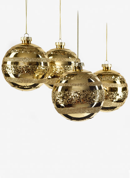 4in Round Shiny Gold With Glitter Stripes Ornament Plastic Balls, Set of 4 Decor Jamali Garden