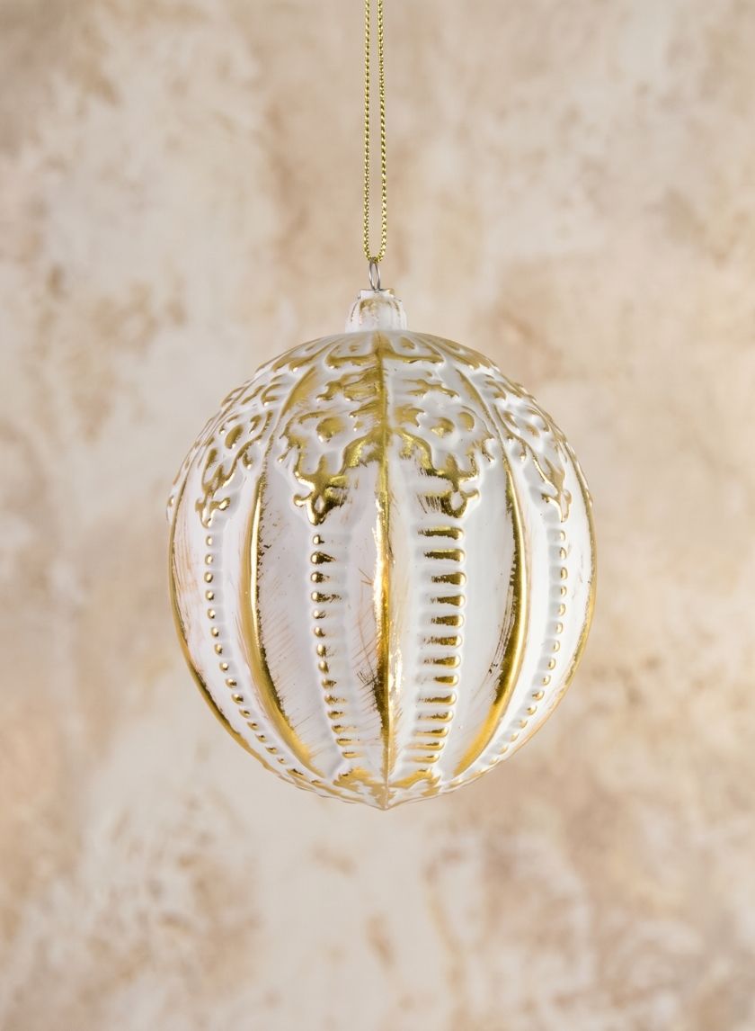 4in Round Royal Etched Gold White Plastic Ornament Decor Jamali Garden