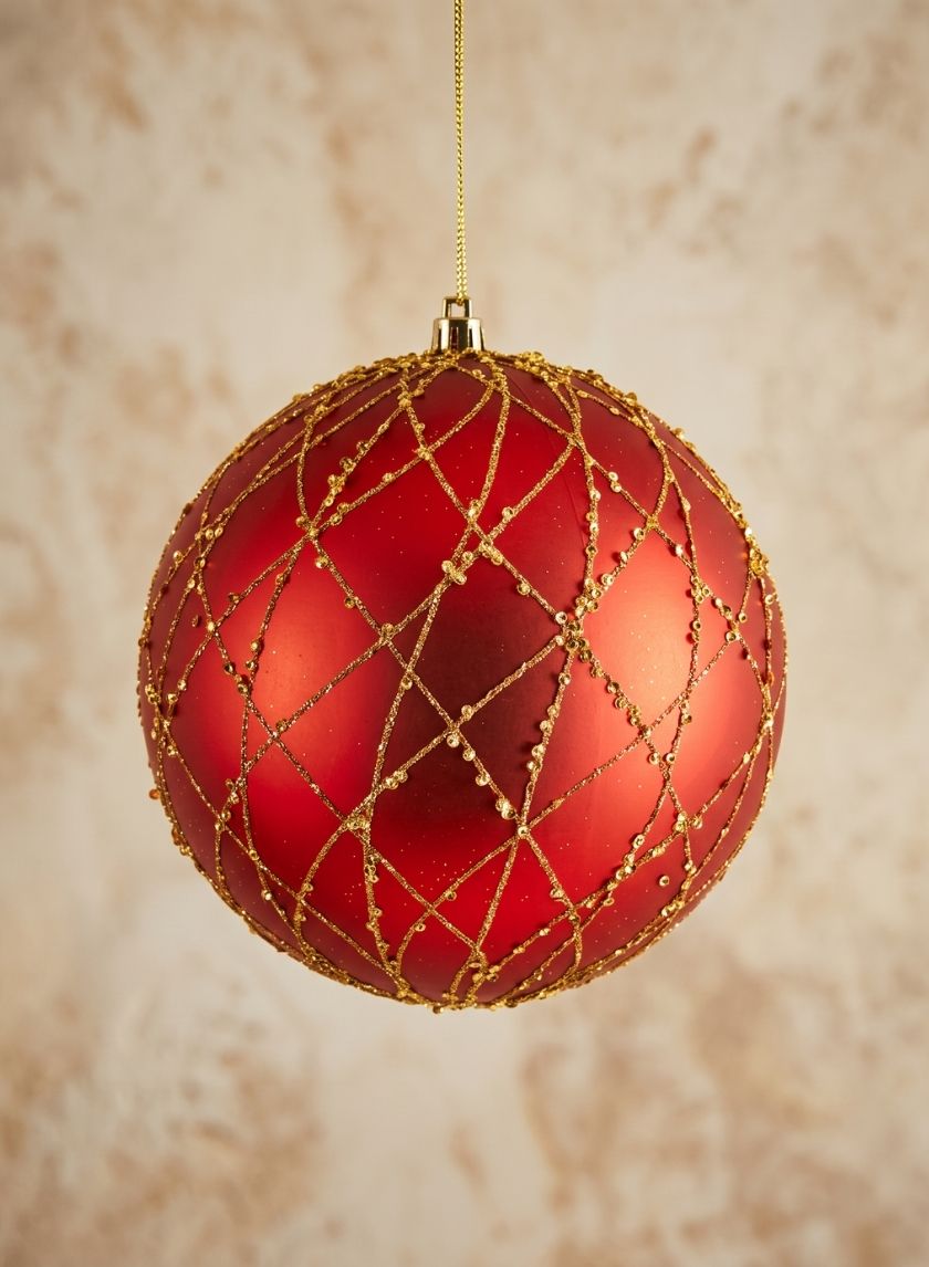 6in Round Matte Red with Gold Glitter Plastic Ball Decor Jamali Garden