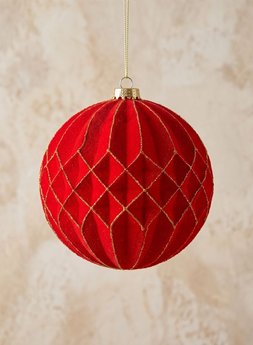 6in Round Red Flocked Stripe Plastic Ornament Decor Jamali Garden