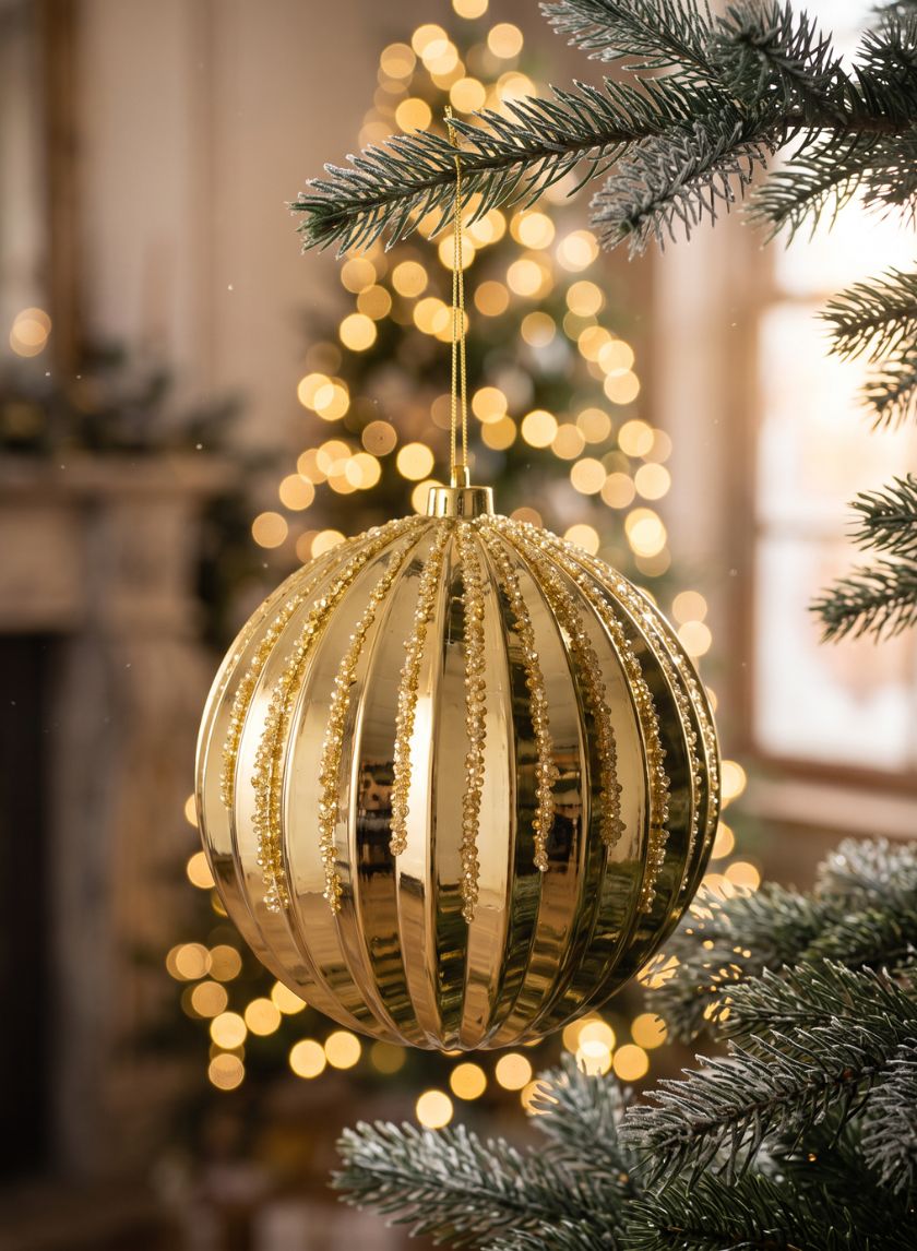 8in Round Plastic "Real Glass Look" Glitter Glazed Gold Ornament Decor Jamali Garden