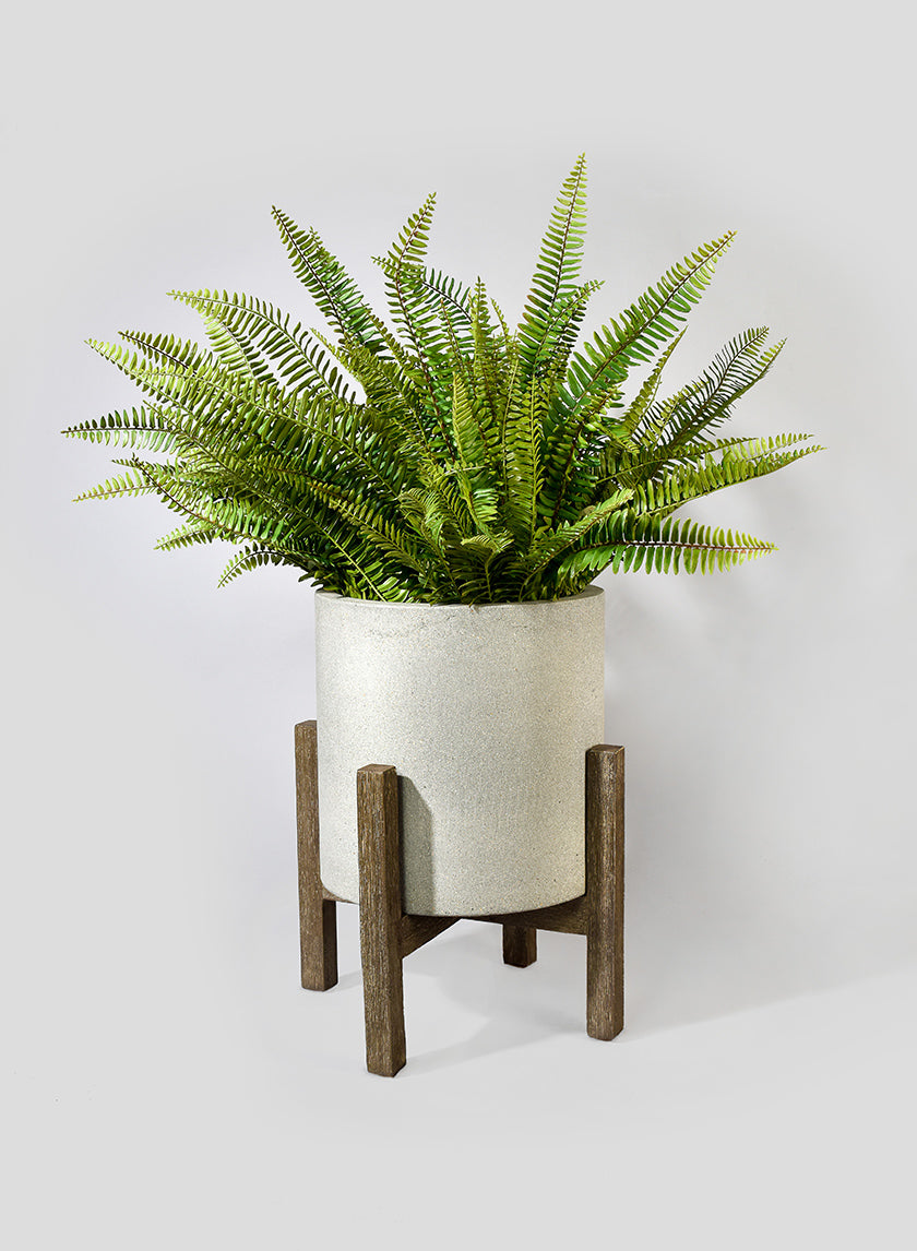 plant pot wooden legs 17.75in Tall Round Ficonstone Floor Pot With Brown Acacia Wood Legs