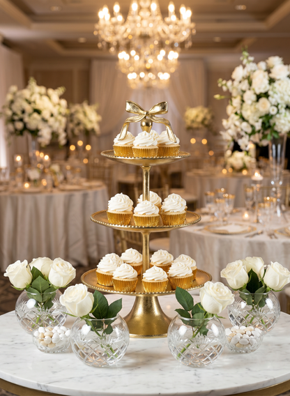 The 21in Tall Atelier 3 Tier Gold Display Metal Stand holds white frosted cupcakes, surrounded by glass vases with white roses on a marble table. Elegant, candlelit wedding decor with white flowers accents the background.