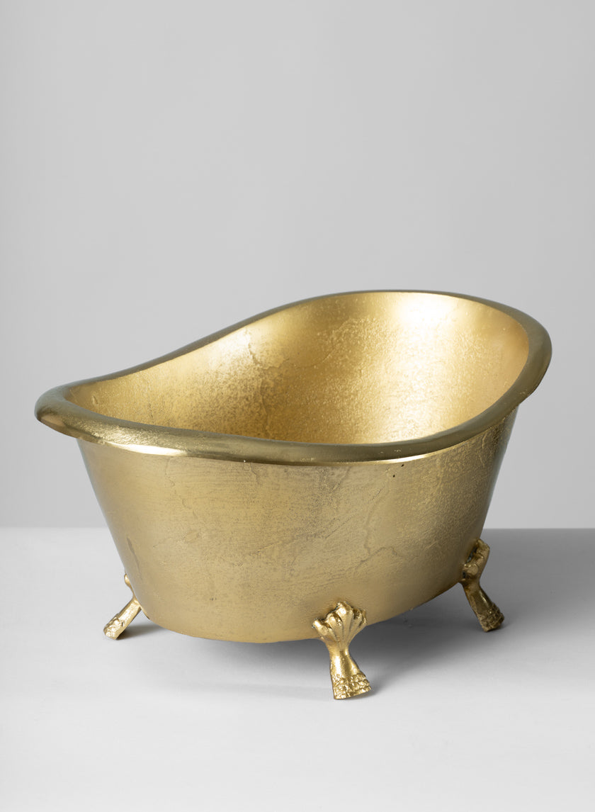 The 11.5in Wide Atelier Decorative Metal Mini Royal Bathtub, featuring a gold-toned textured surface and clawfoot design, is displayed against a plain gray background.