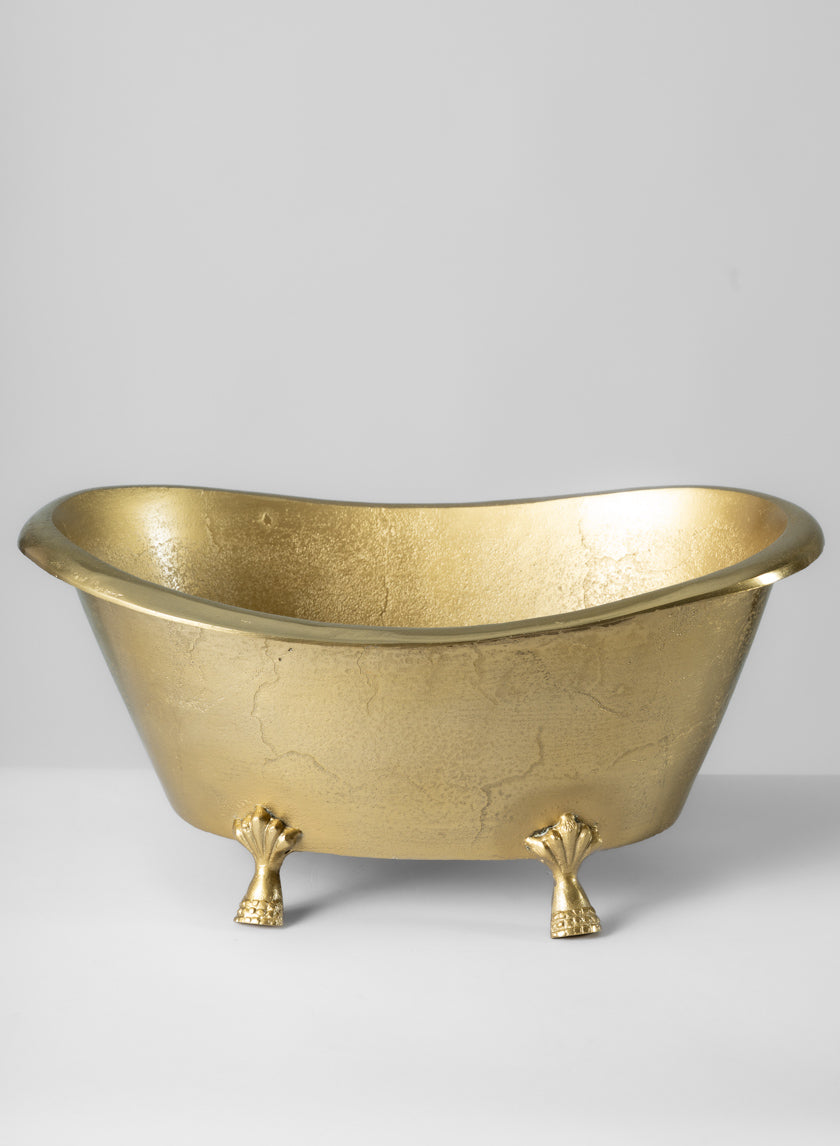 The 11.5in Wide Atelier Decorative Metal Mini Royal Bathtub features a gold, vintage-style finish with four ornate claw-shaped feet and is centered against a plain light gray background.
