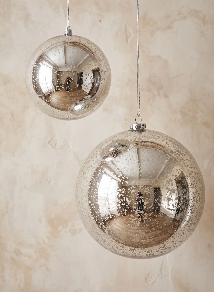 4.75in Round Silver Mercury Glass Plastic Ornament Ball (120mm), Set of 2
