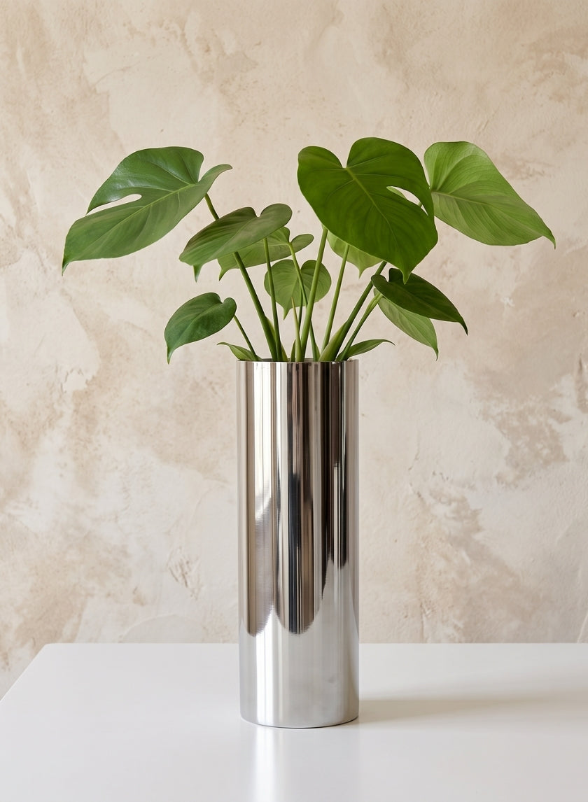 17in Tall Polished Aluminum Cylinder Vase Decor Jamali Garden