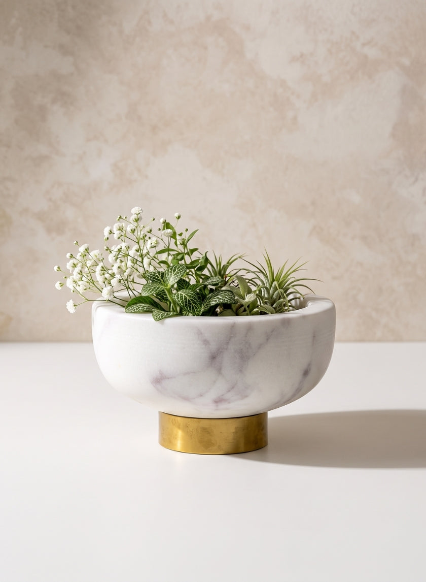 4in Wide White Ceramic Marble Mini Bowl with Brass Ring