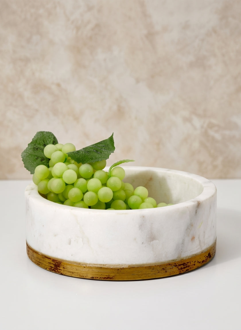 6in Wide White Marble Bowl With Brass Ring