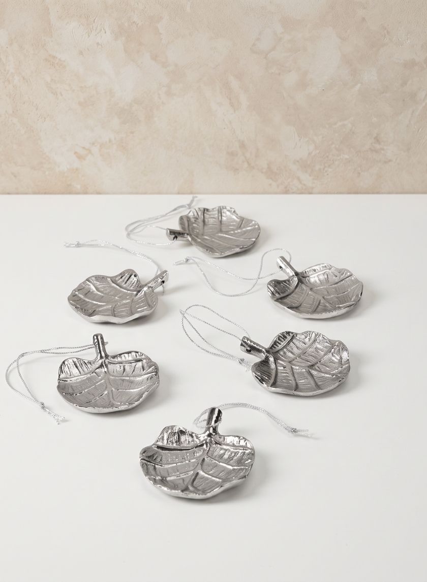3in Long Tiny Silver Philodendron Leaf Metal Tray, Set of 6 Decor Jamali Garden