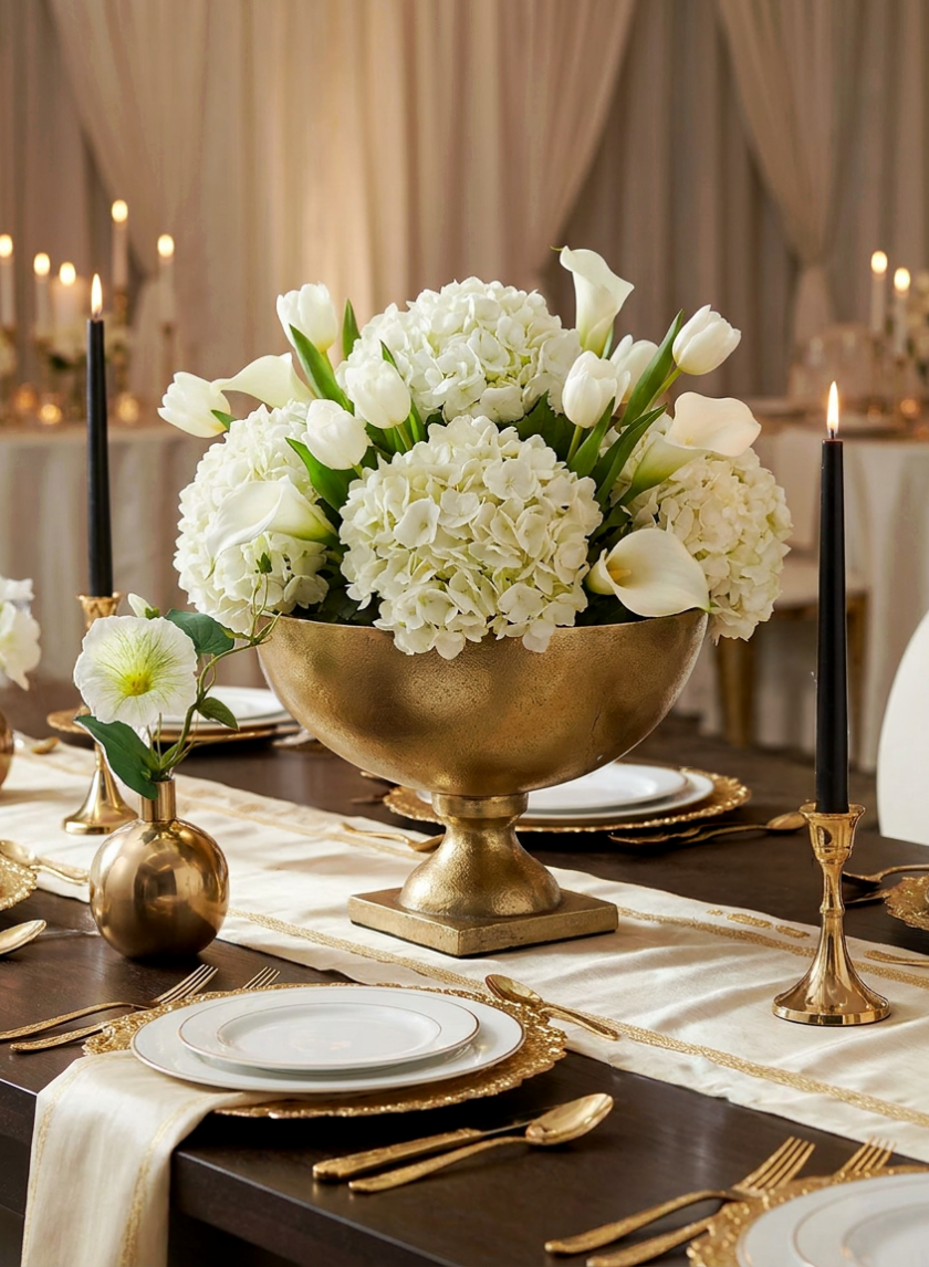 A gold vase with white hydrangeas, tulips, and calla lilies makes a striking wedding centerpiece beside a 4.5in Tall Gold Candlestick holding black candles on an elegant table with gold-rimmed plates and a cream table runner.