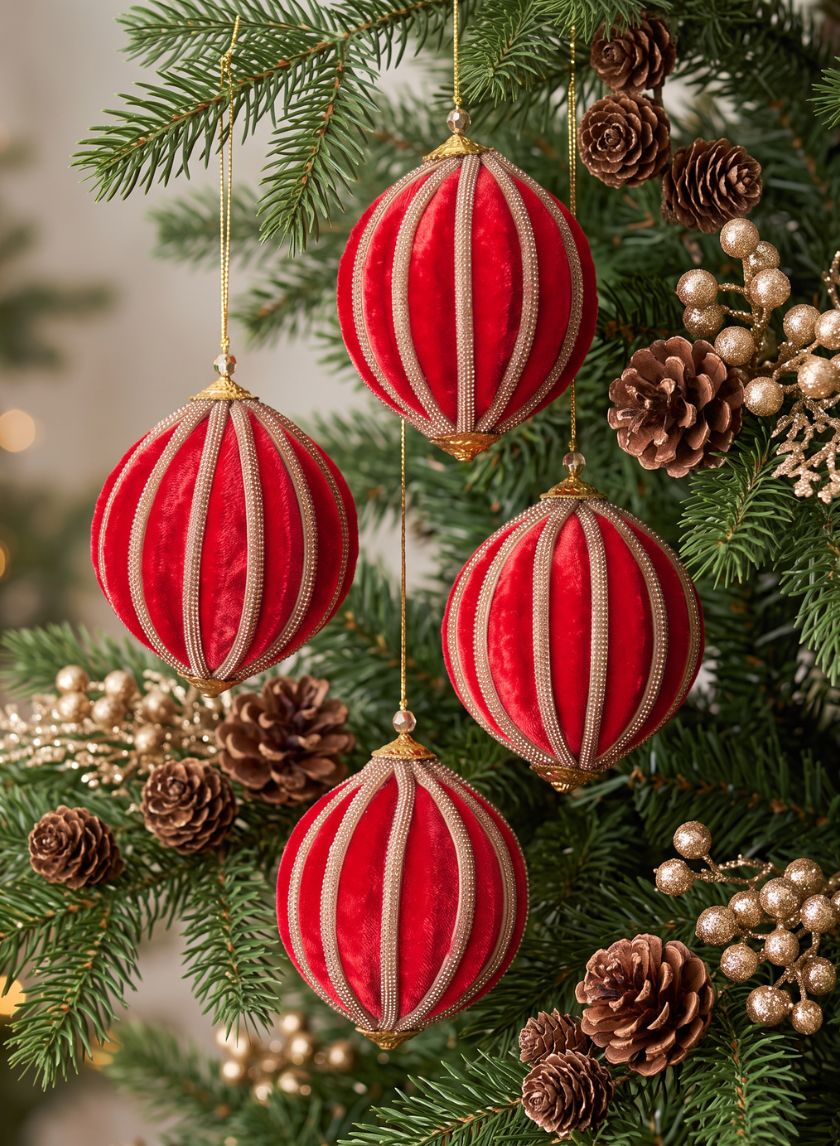 4in Round Red Velvet &amp; Rhinestone Decorative Hanging Ball Ornament