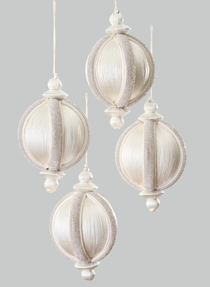 Four elegant 4in round rhinestone-wrapped white hanging decorative ornaments are displayed against a plain gray background.