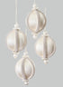 Four elegant 4in round rhinestone-wrapped white hanging decorative ornaments are displayed against a plain gray background.