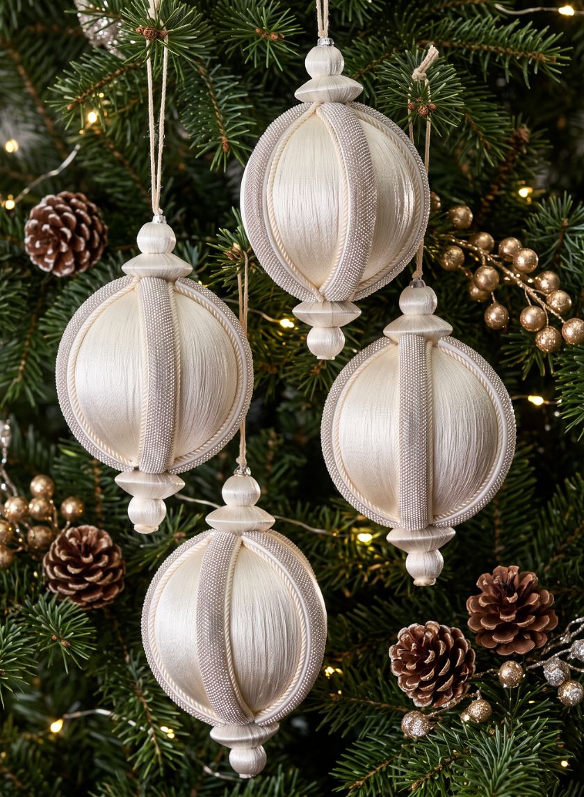 4in Round Rhinestone Wrapped White Hanging Decorative Ornament