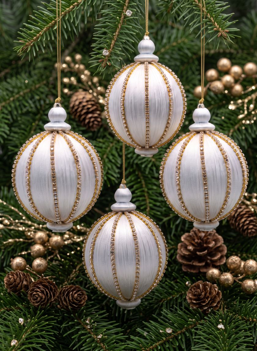 4in Gold Rhinestone White Hanging Decorative Ornament