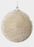 A 5in Round Champagne Full Rhinestone Beaded Ornament Ball, encrusted with shimmering gold and silver rhinestones, hangs by a silver string against a plain light gray background.