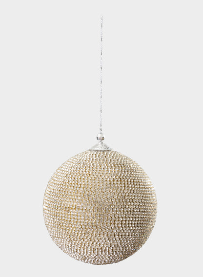 A 5in Round Champagne Full Rhinestone Beaded Ornament Ball, covered in sparkling rhinestones, hangs from a thin silver string against a plain light gray background.