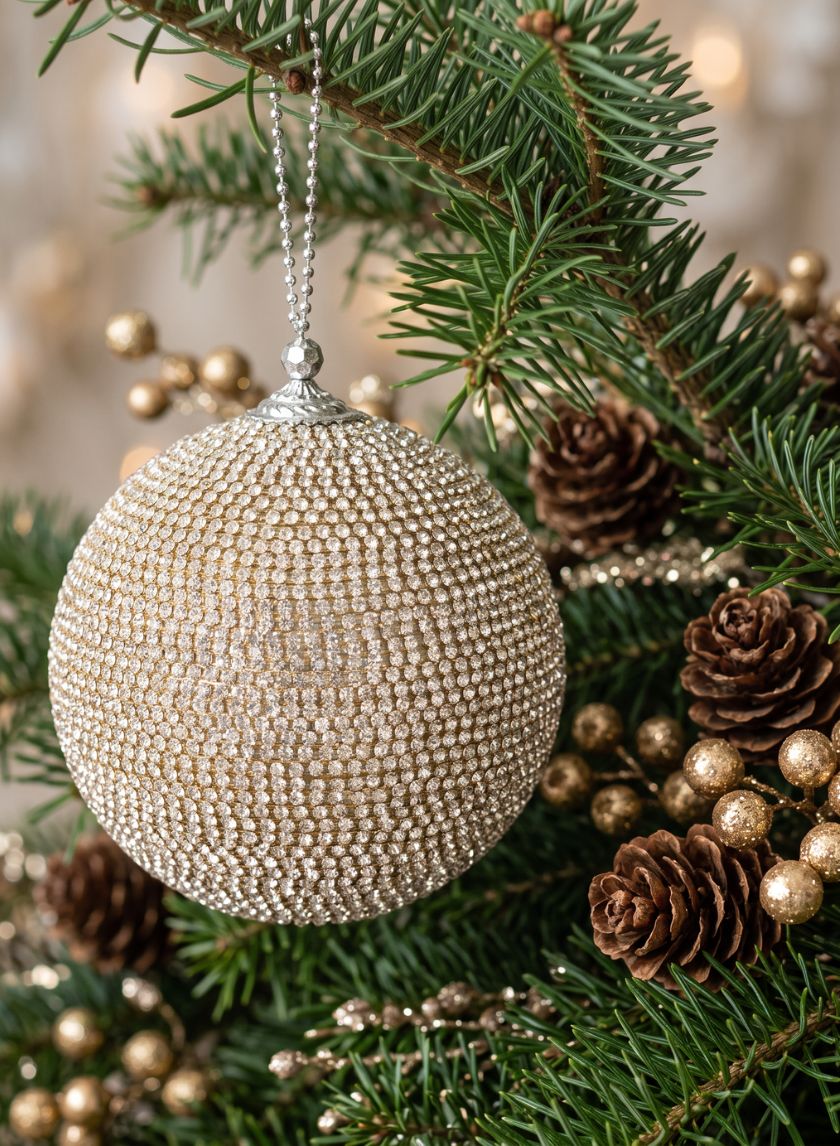 5in Round Champagne Full Rhinestone Beaded Ornament Ball