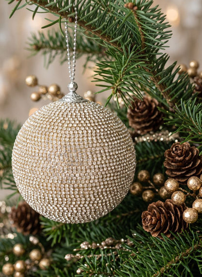 5in Round Champagne Full Rhinestone Beaded Ornament Ball