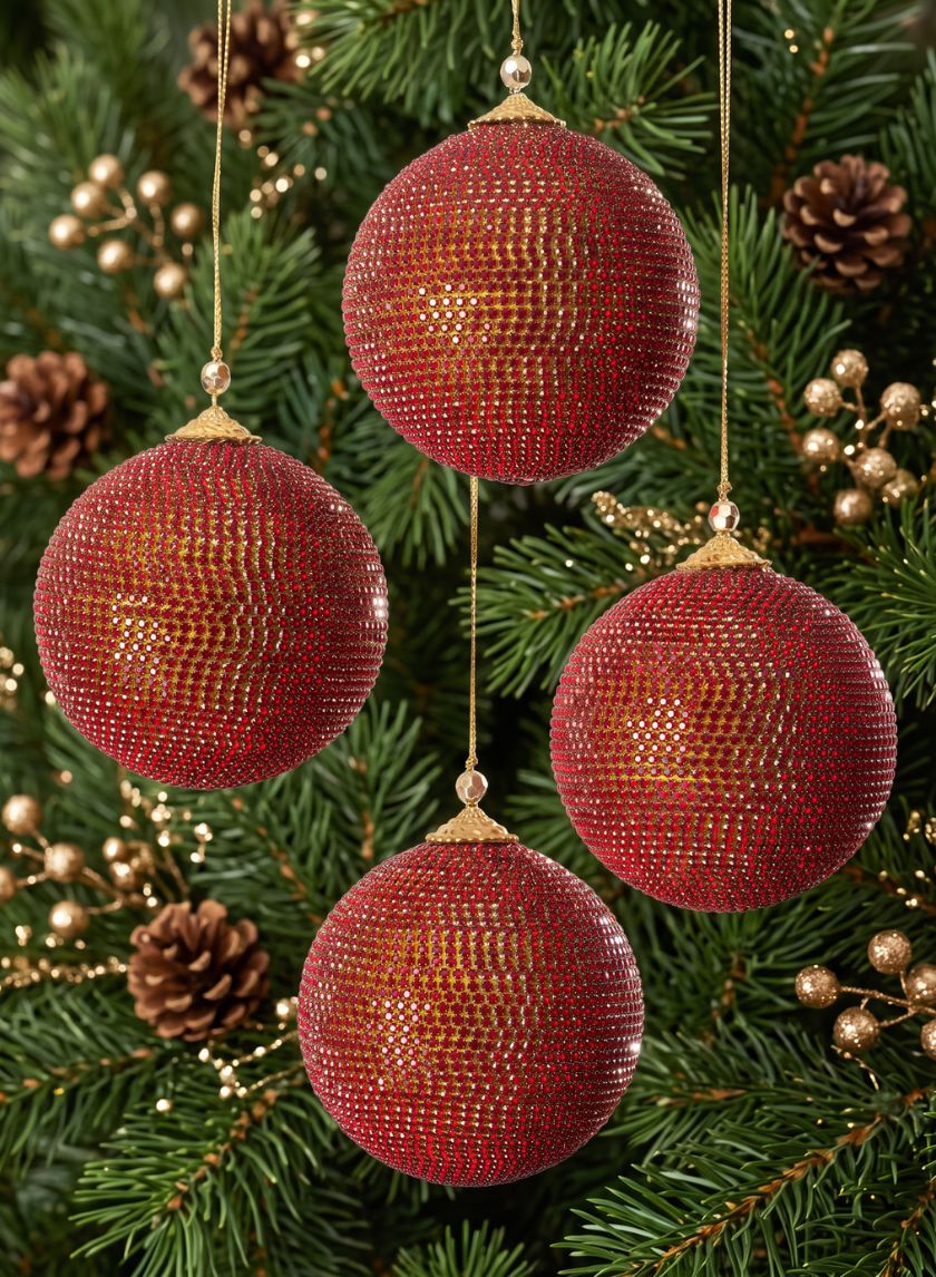 4in Round Red Full Rhinestone Beaded Ornament Ball