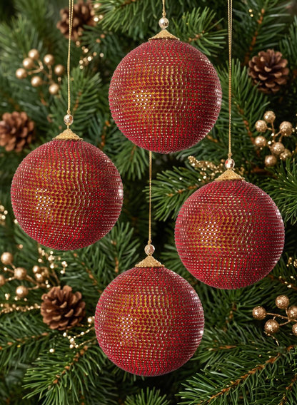 4in Round Red Full Rhinestone Beaded Ornament Ball