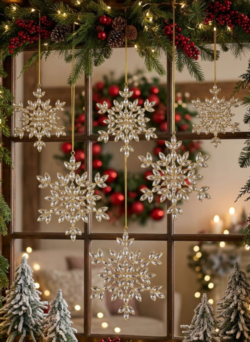 6in Wide Silver Glass Stone Snowflake with Gold Frame Decor Jamali Garden
