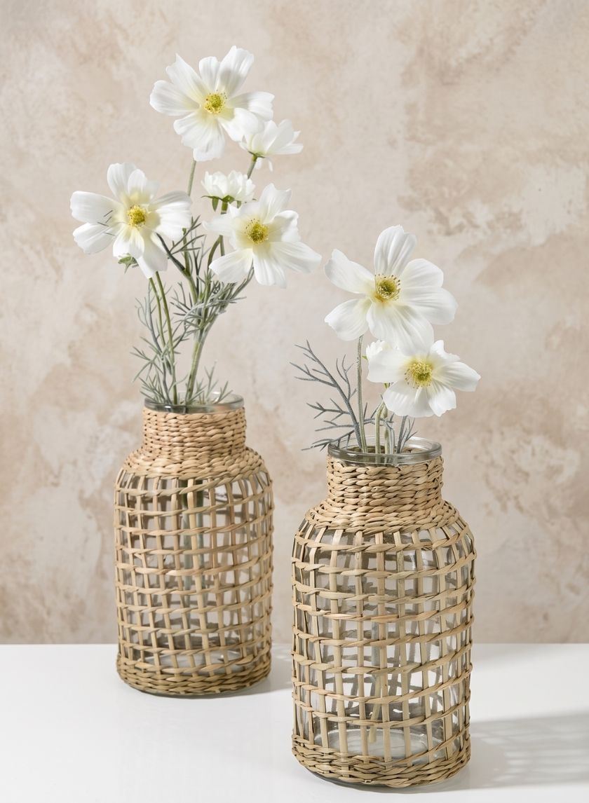 8in Tall Los Cabos Rattan Glass Vases, Set of 2 Decor Jamali Garden
