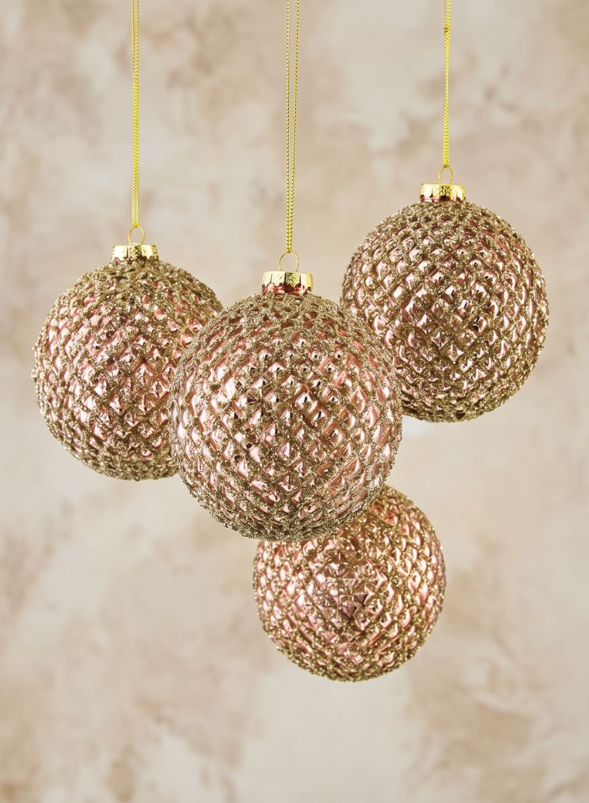 4in Round Glittered Rose Gold Hobnail Glass Ornament Ball, Set of 4 Decor Jamali Garden