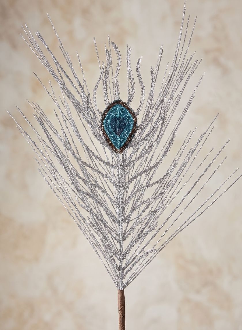 22in Long Silver Glitter Peacock Pick Decor Jamali Garden