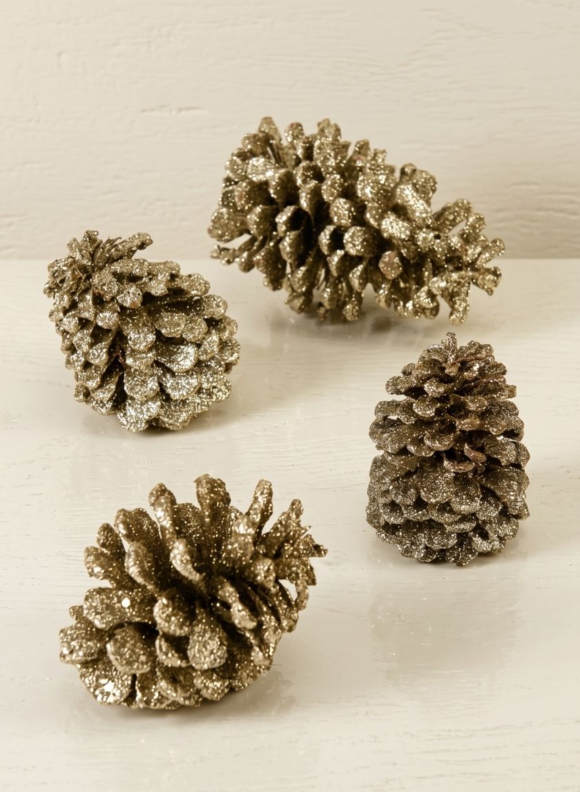 3.5in Long Light Gold Glitter Pine Cone, Case of 6 Decor Jamali Garden