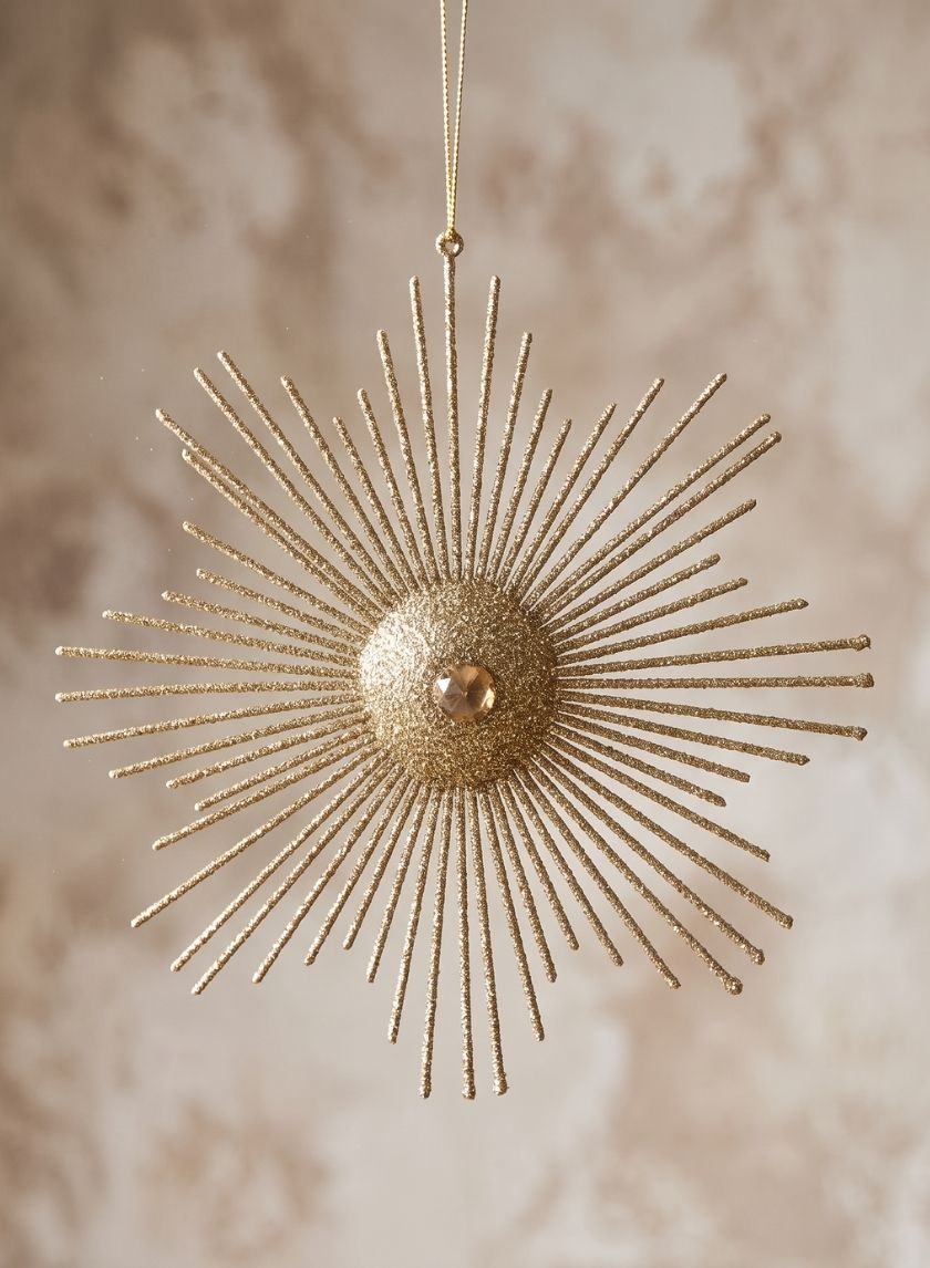 6.5in Wide Champagne Gold Glitter Starburst Plastic Ornament Decor Jamali Garden