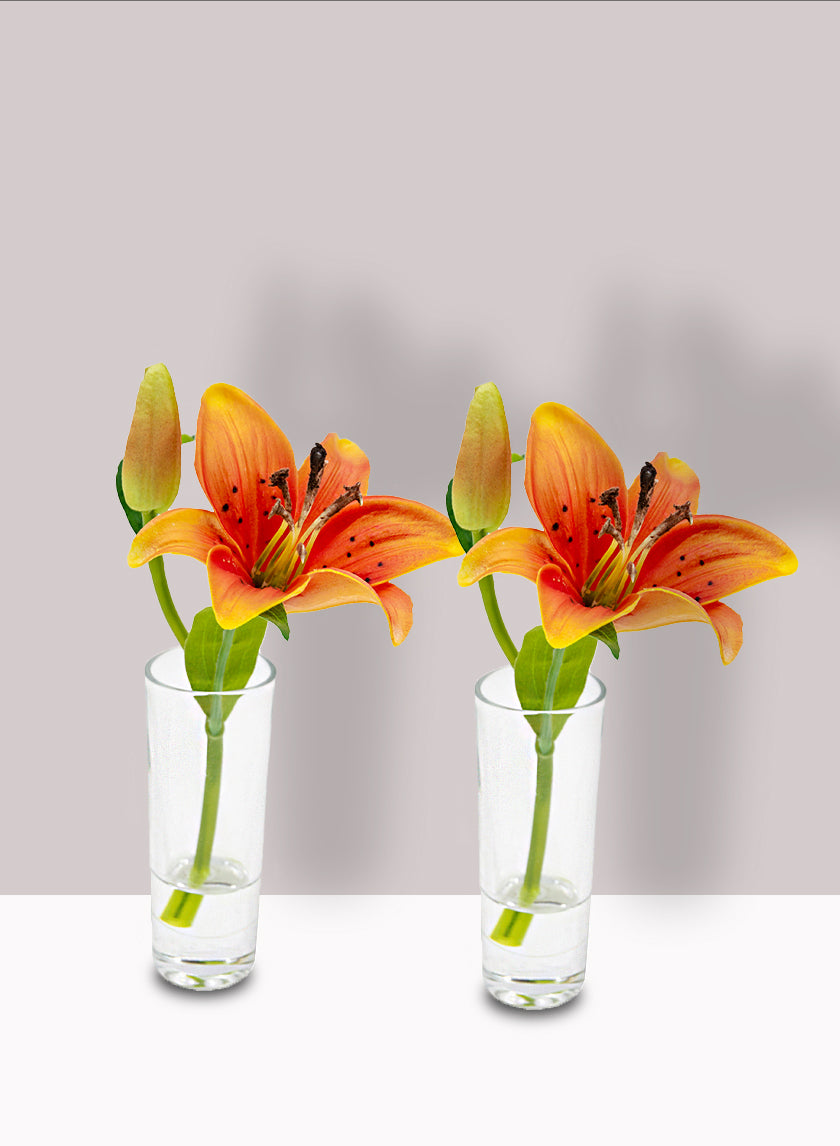 glass lily flower Burnt Orange Lily & Bud in Clear Shot Glass, Set of 2