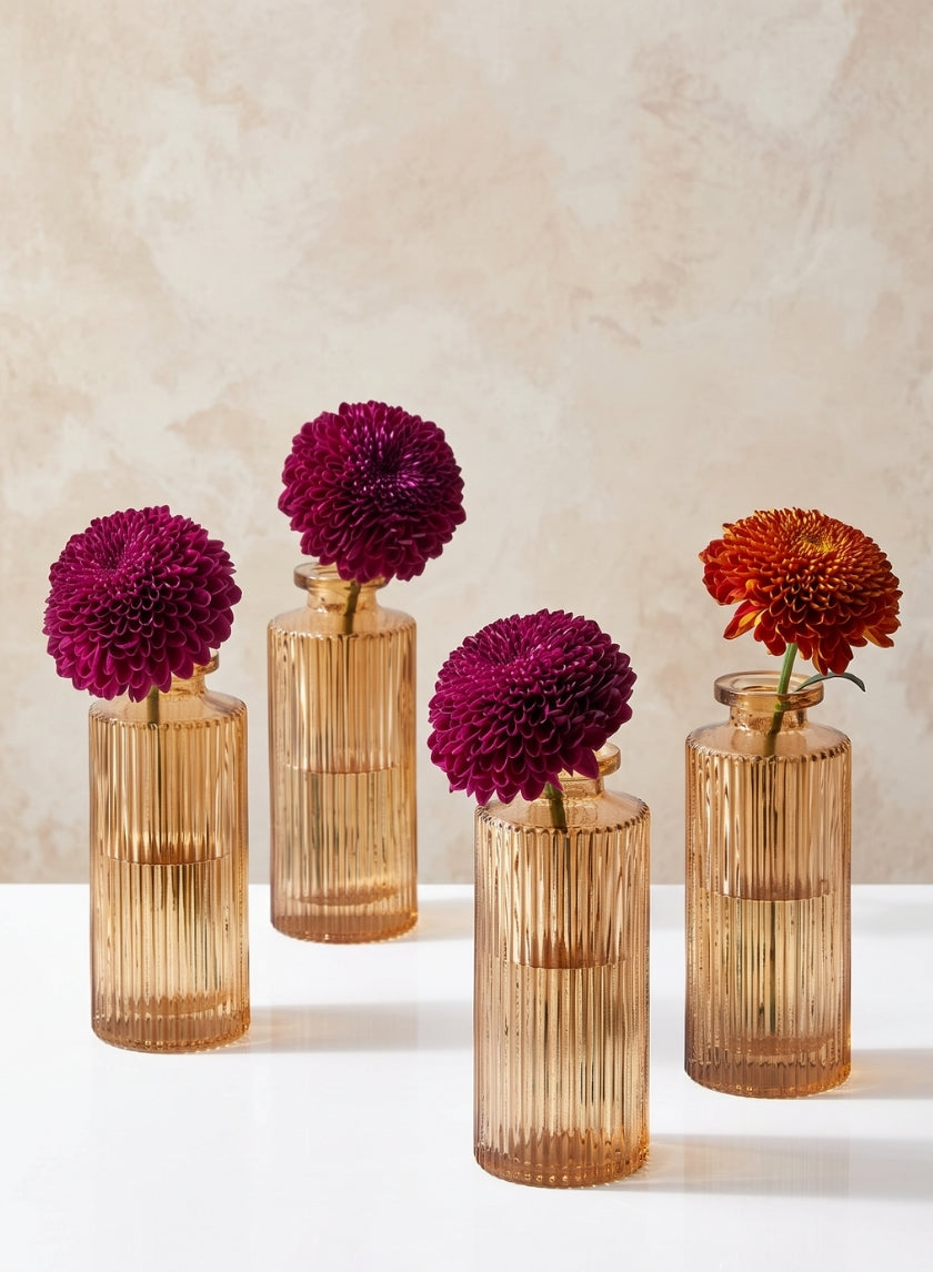 5.25in Tall Amber Pleated Glass Bottle Bud Vase, Set of 4