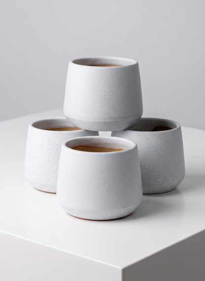Four minimalist 4-inch tall Florist Choice matte white bell cachepots, arranged in a pyramid shape on a white surface against a light gray background.