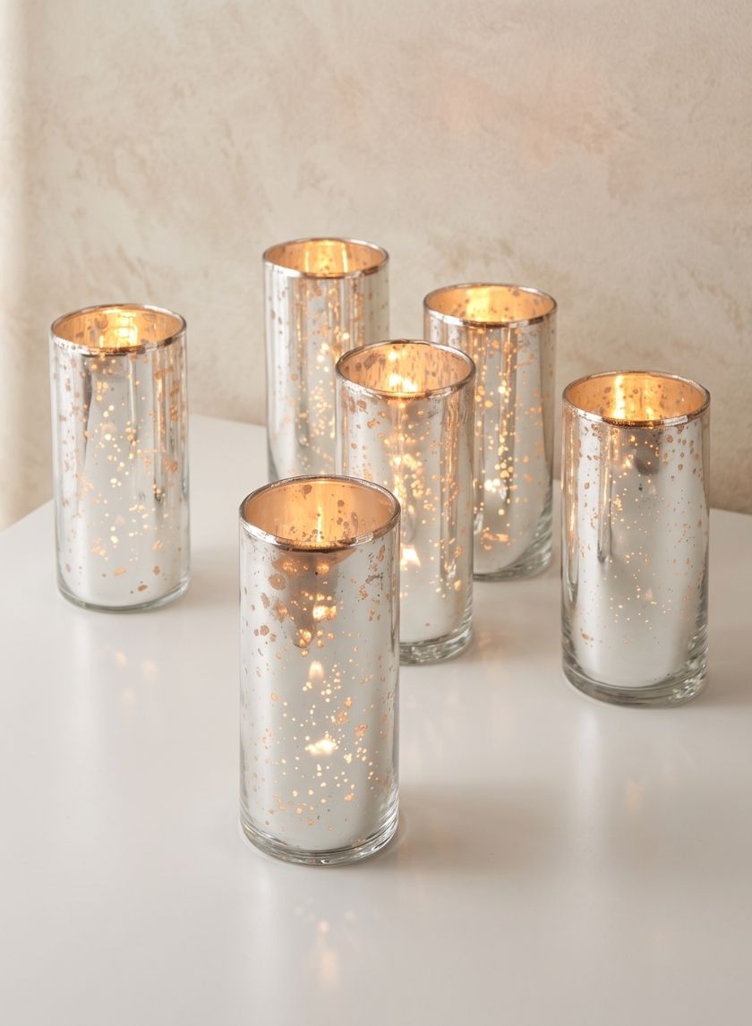4in Tall Antique Silver Glass Cylinders, Set of 6 Decor Jamali Garden